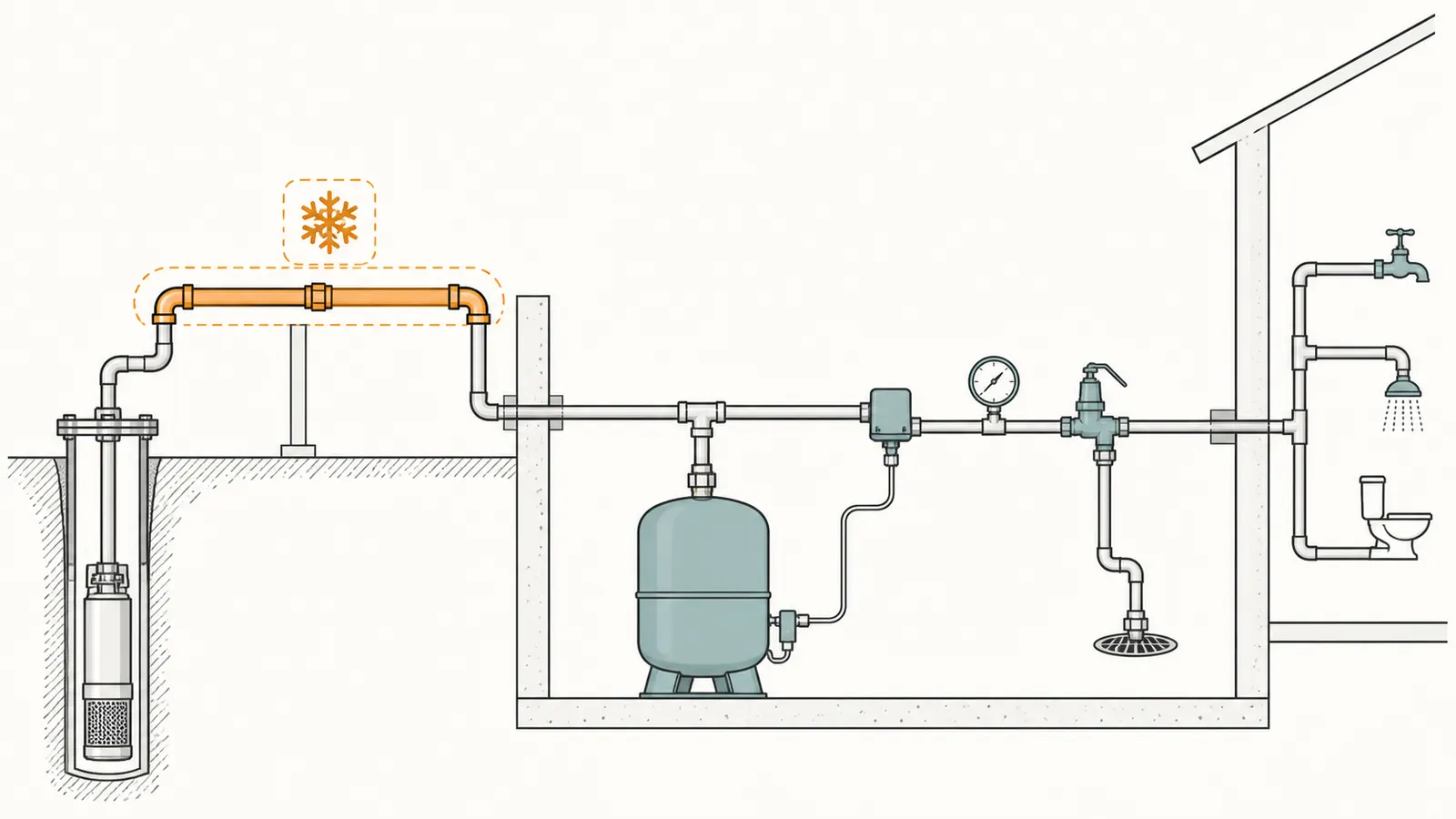 Labeled system diagram linking well pump, pressure tank, switch, relief valve, gauge, drain, and house line