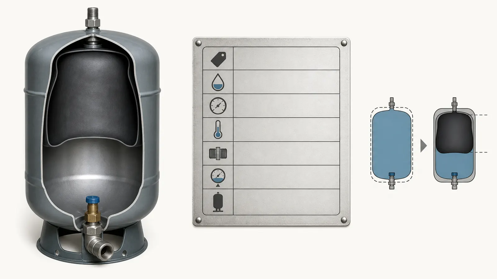 Pressure-tank label and cutaway showing model, capacity, rating, precharge, and connection fields