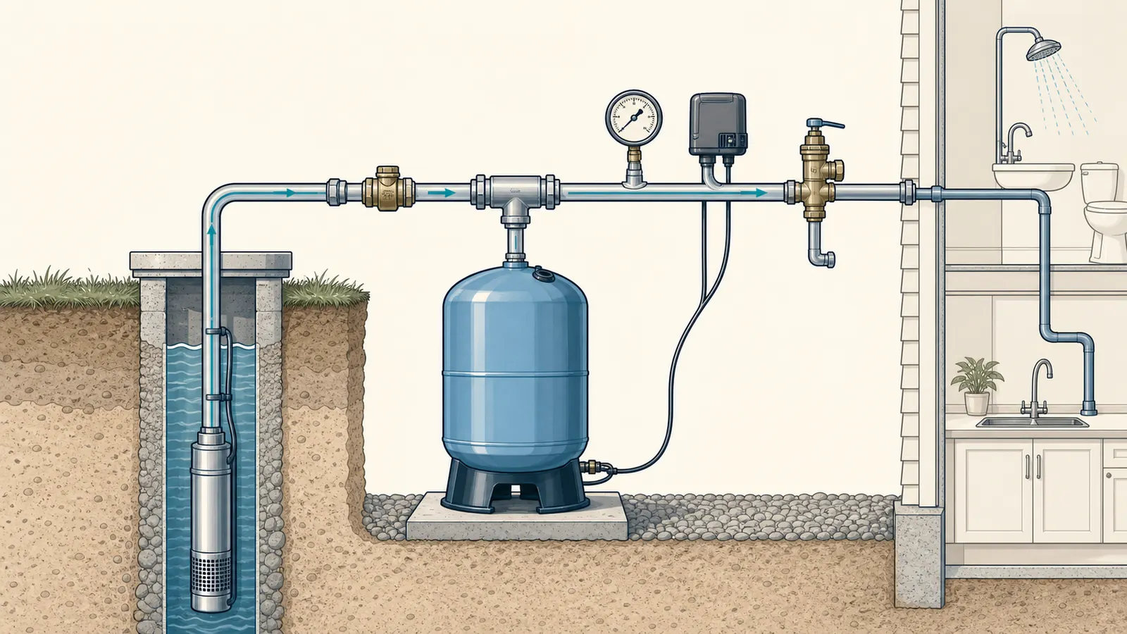 Labeled well pump, pressure tank, gauge, switch, relief valve, and home water line