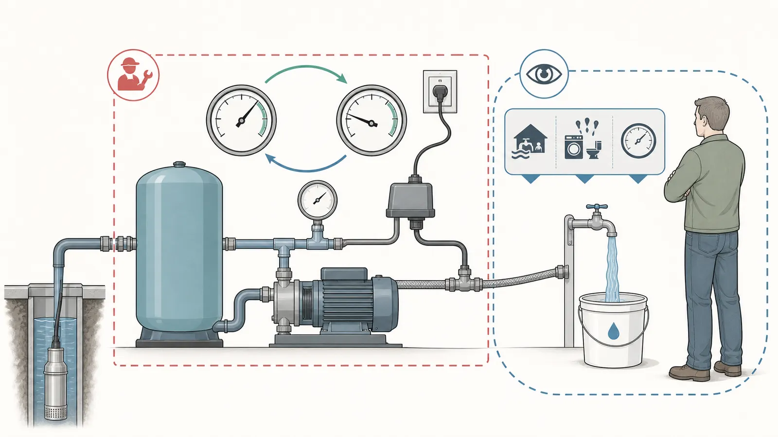 Safe observation of a pump cycle with gauge readings and collected water between cut-out and cut-in
