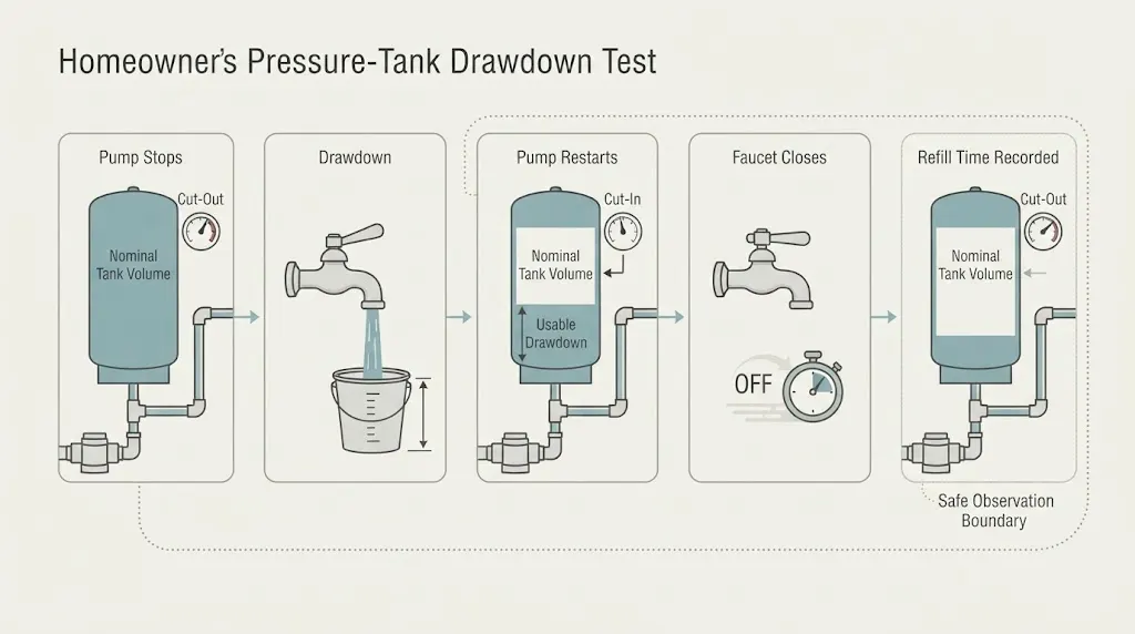 Pressure tank cycle from pump stop through measured drawdown to pump restart and refill