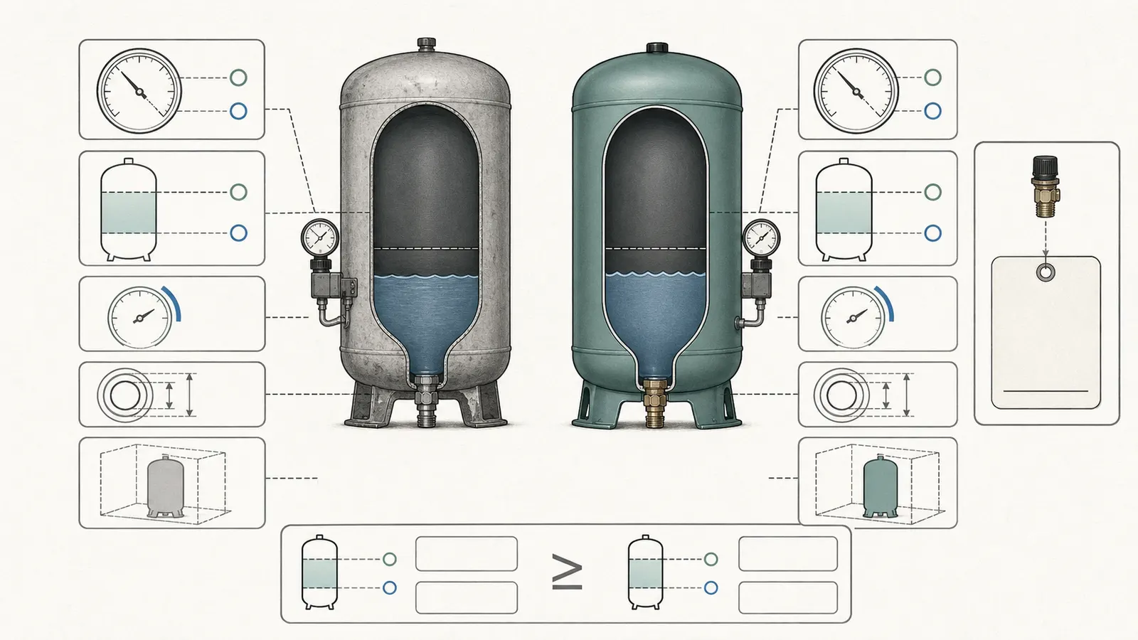 Drawdown and pressure-band comparison linking tank size, cut-in, cut-out, precharge, and usable water