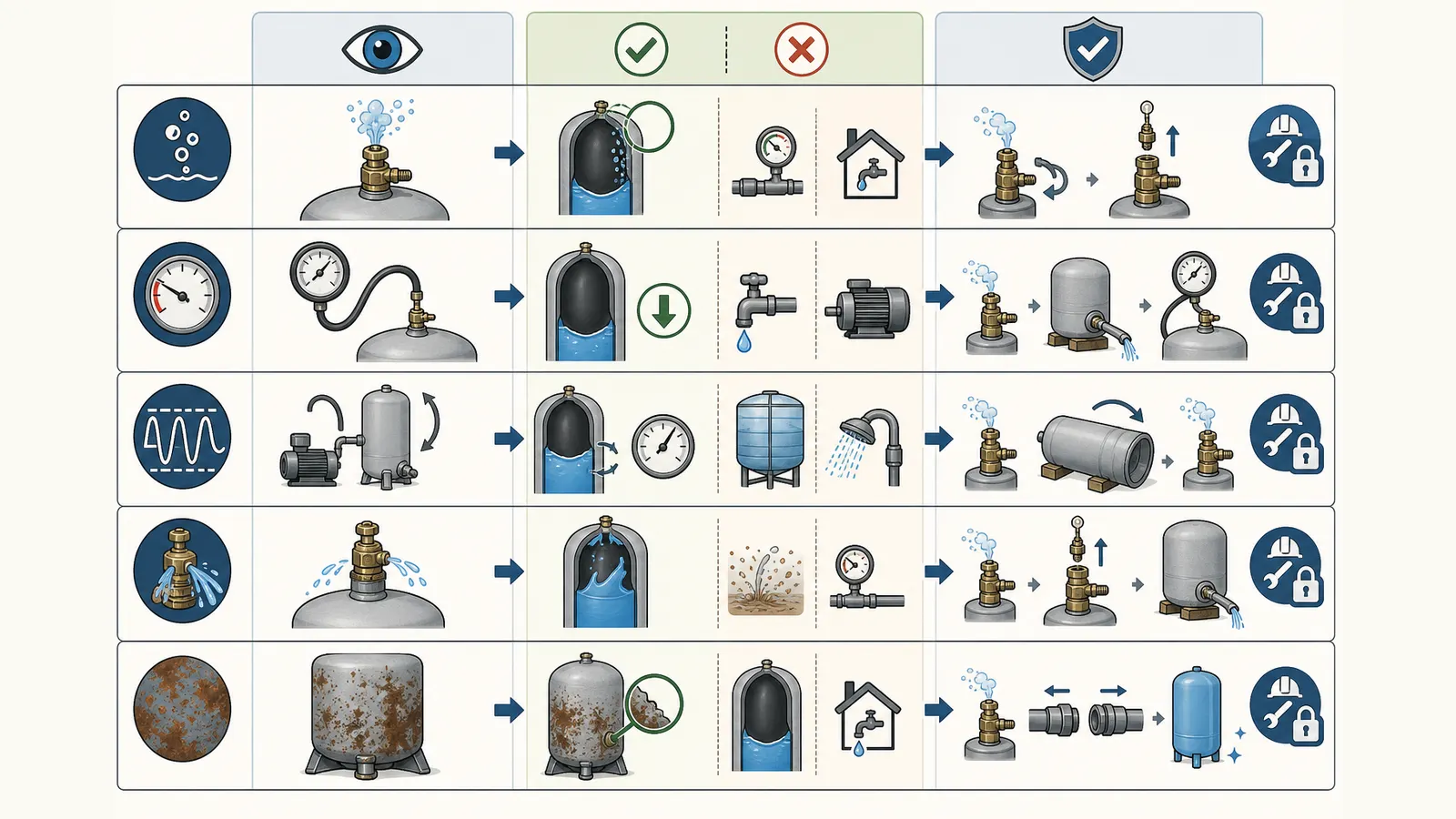 Symptom matrix separating a leaking valve core, lost precharge, waterlogged tank, and barrier failure