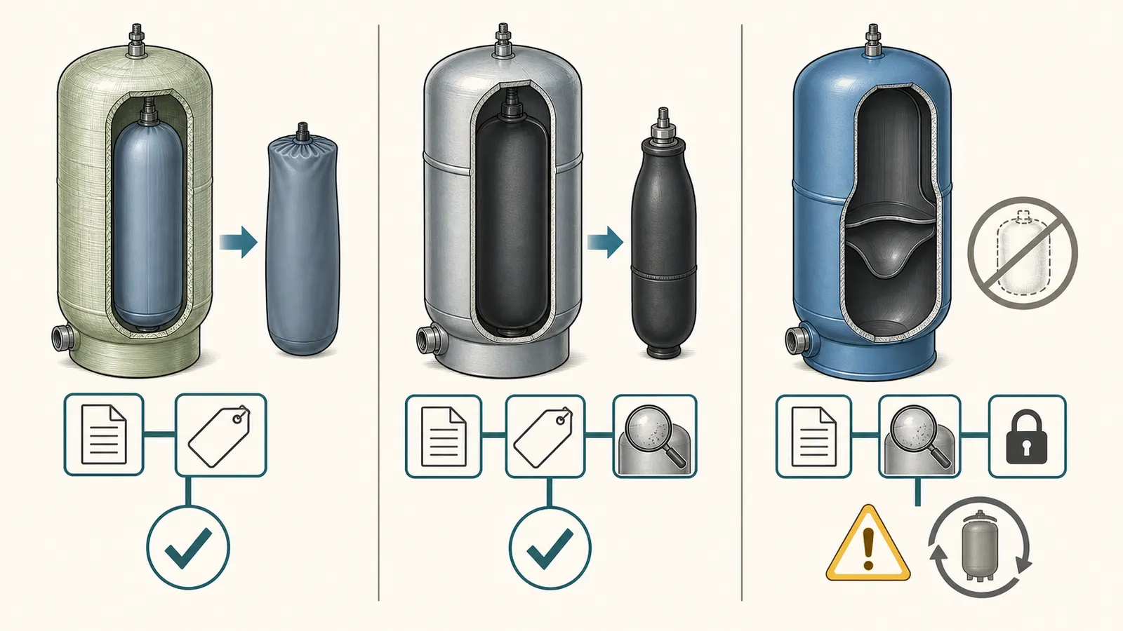 Comparison of a replaceable air-cell tank, a replaceable bladder tank, and a sealed diaphragm tank