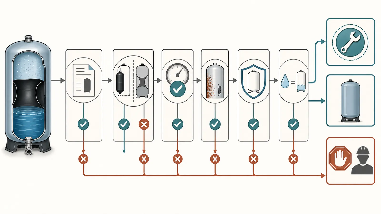 Decision map from tank label and failure evidence to bladder service, whole-tank replacement, or a safety stop
