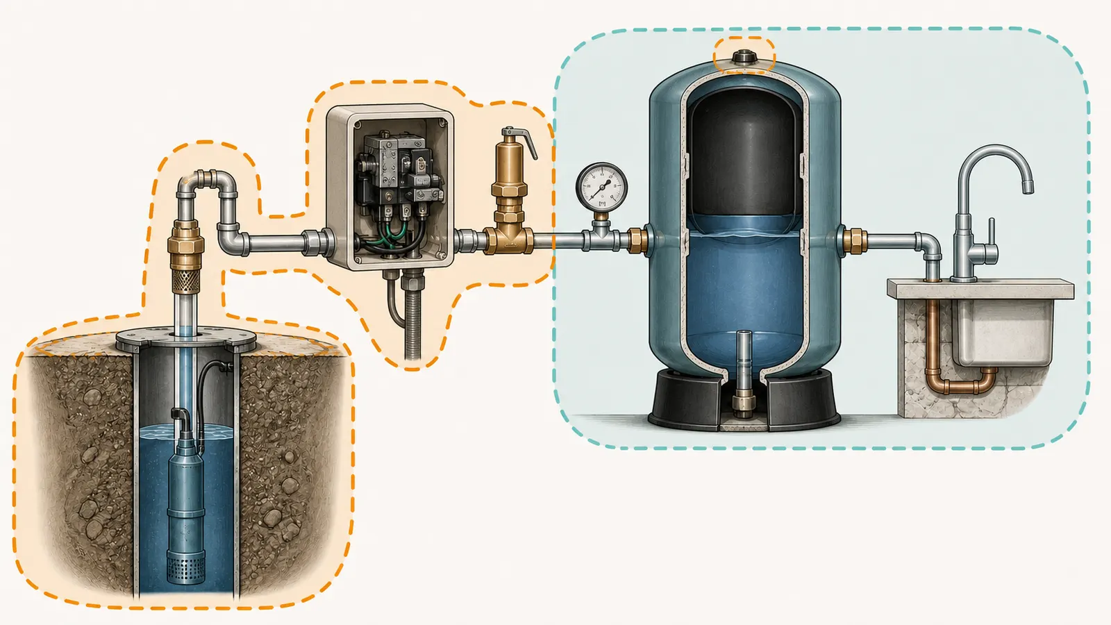 Safe boundary around a pressure tank, control enclosure, gauge, relief valve, and homeowner observation points