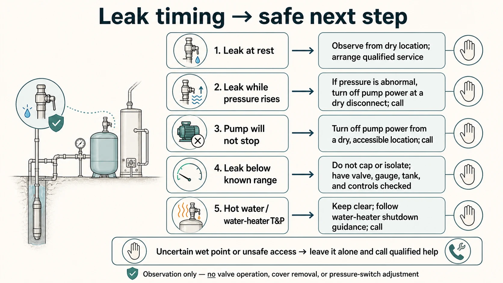 Decision map branching by gauge pressure, pump cycle, and when the leak starts