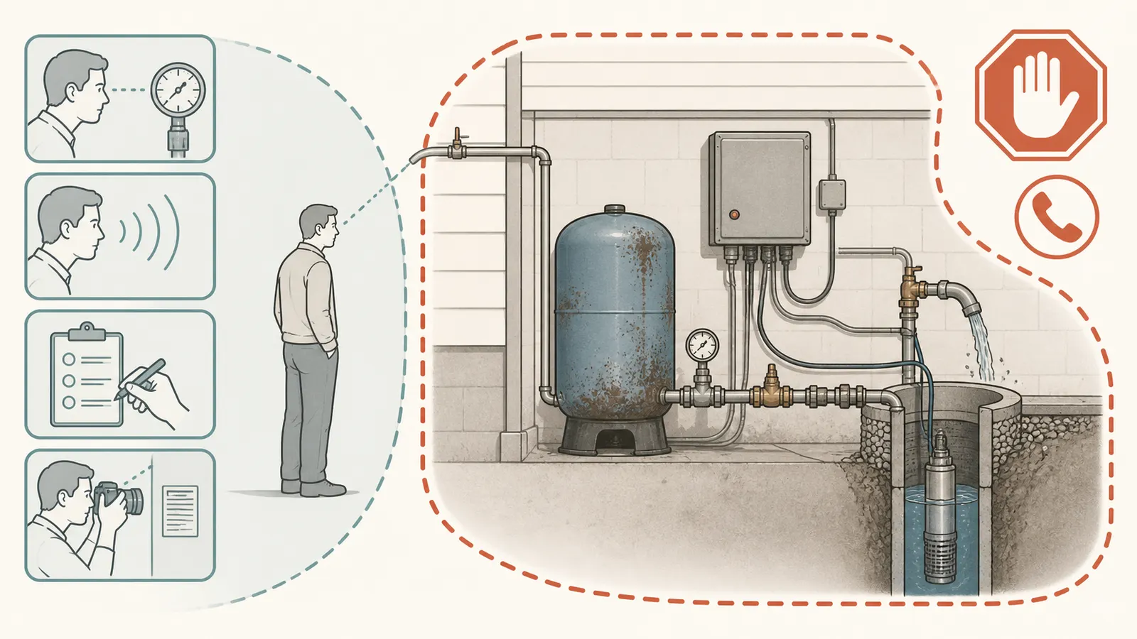 Safe homeowner observation zone around a gauge and unsafe zones around controls, wiring, and pressurized equipment