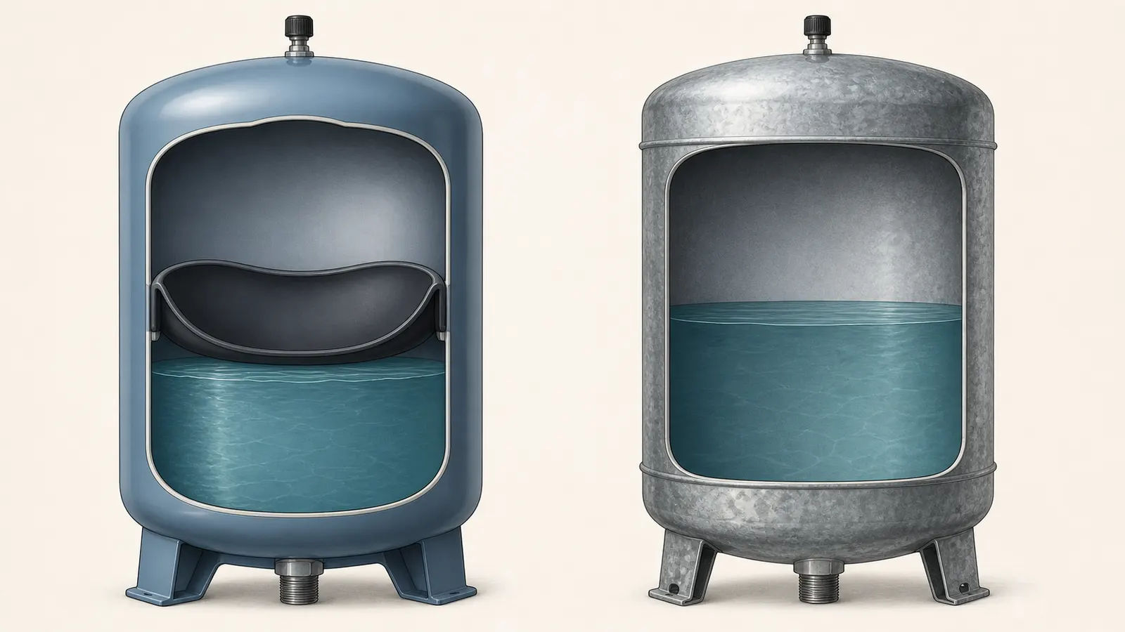 Comparison of a bladder pressure tank and an older air-over-water galvanized tank