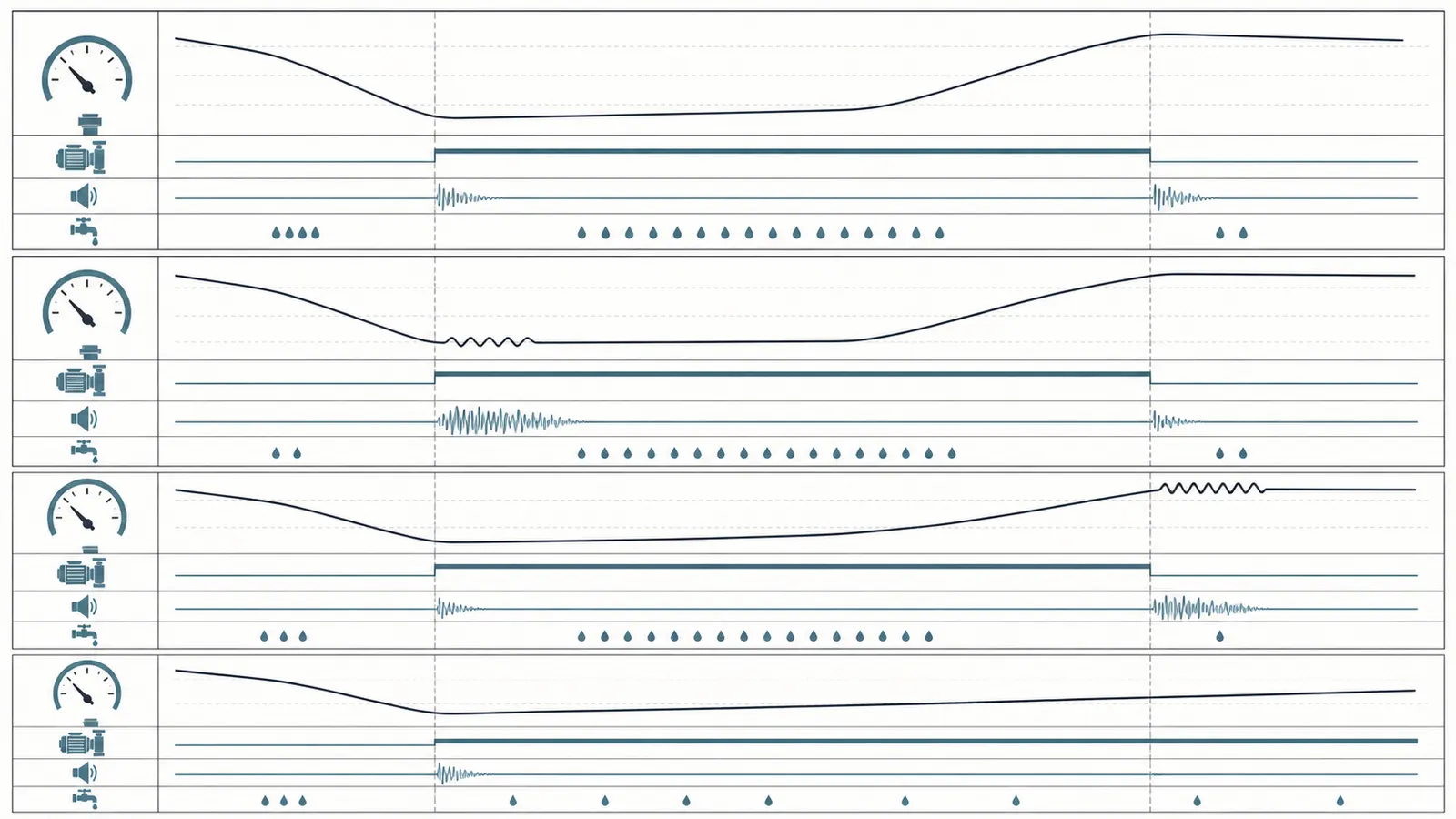 Annotated pressure-gauge timeline showing chatter at cut-in, chatter at cut-out, and a normal cycle