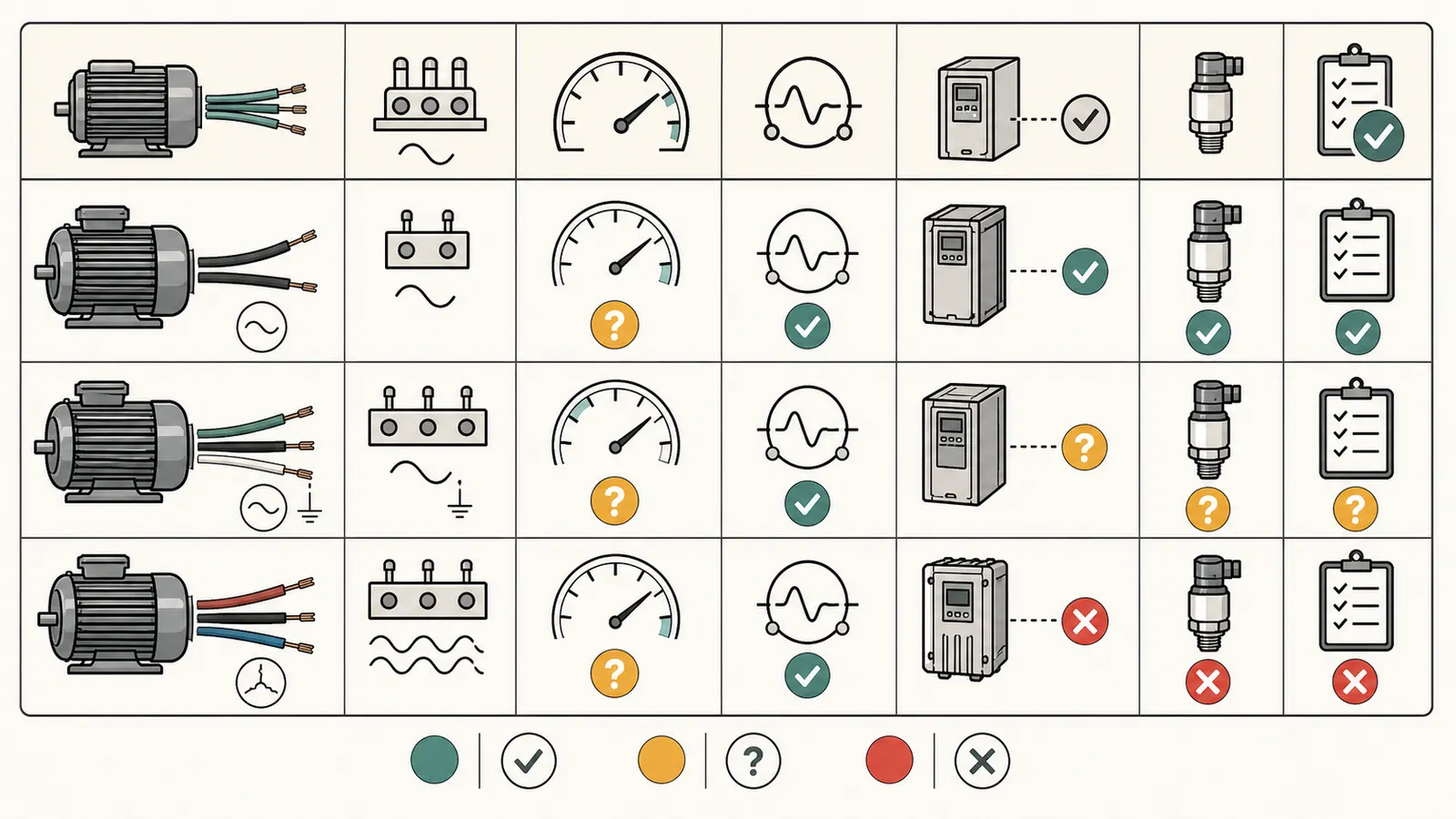 Comparison matrix of two-wire, three-wire, and three-phase motors against controller requirements