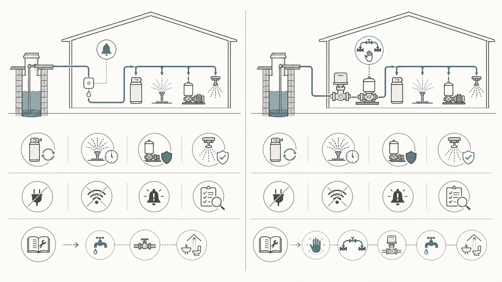 Alert-only and automatic-shutoff choices compared across leak type, service continuity, and failure risk