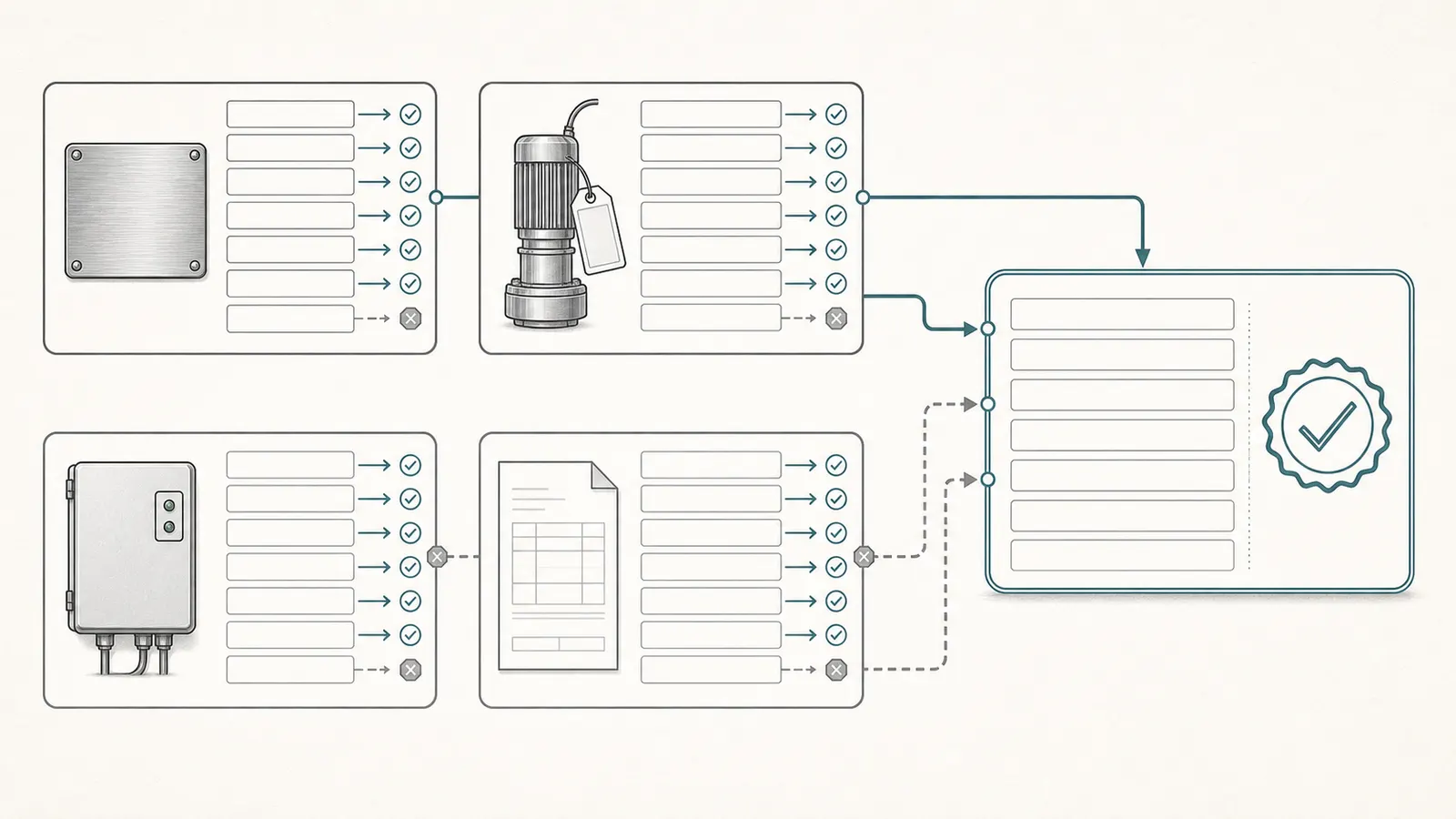 Record-first capture sheet connecting the motor nameplate, pump label, existing control-box label, and service records