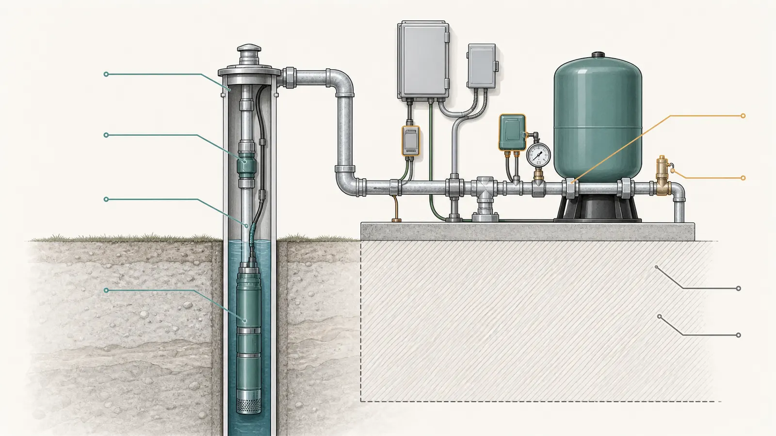 Cutaway stack of pump motor, drop pipe, cable, control box, pressure tank, switch, gauge, and surge protection