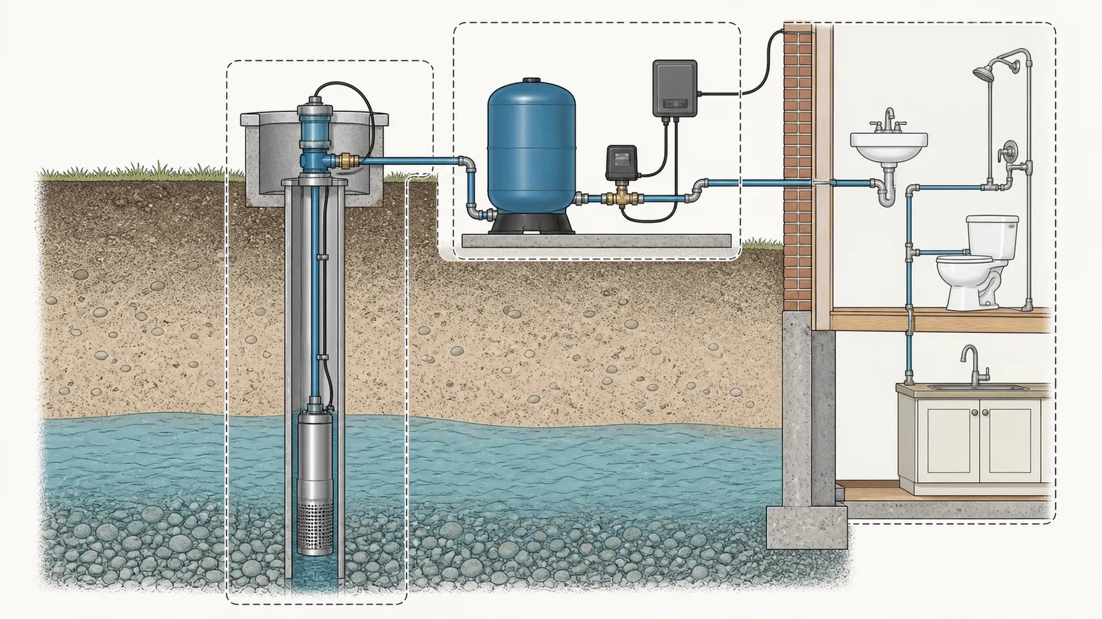 Labeled well system cutaway separating pump, drop pipe, wellhead, tank, controls, and house plumbing