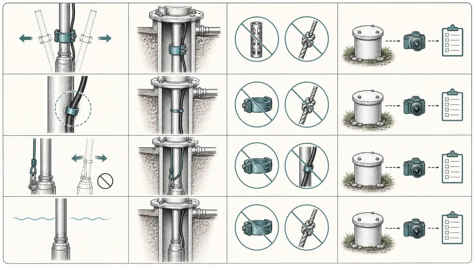 Comparison of torque arrestor, cable guard, and safety rope by movement control, cable protection, and pump-support role