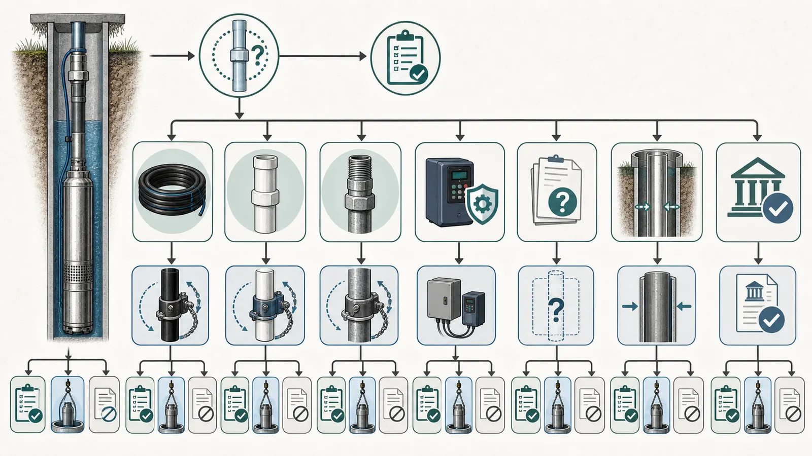 Decision map branching from flexible polyethylene, rigid PVC, galvanized steel, unknown pipe, and local rules to the next safe action