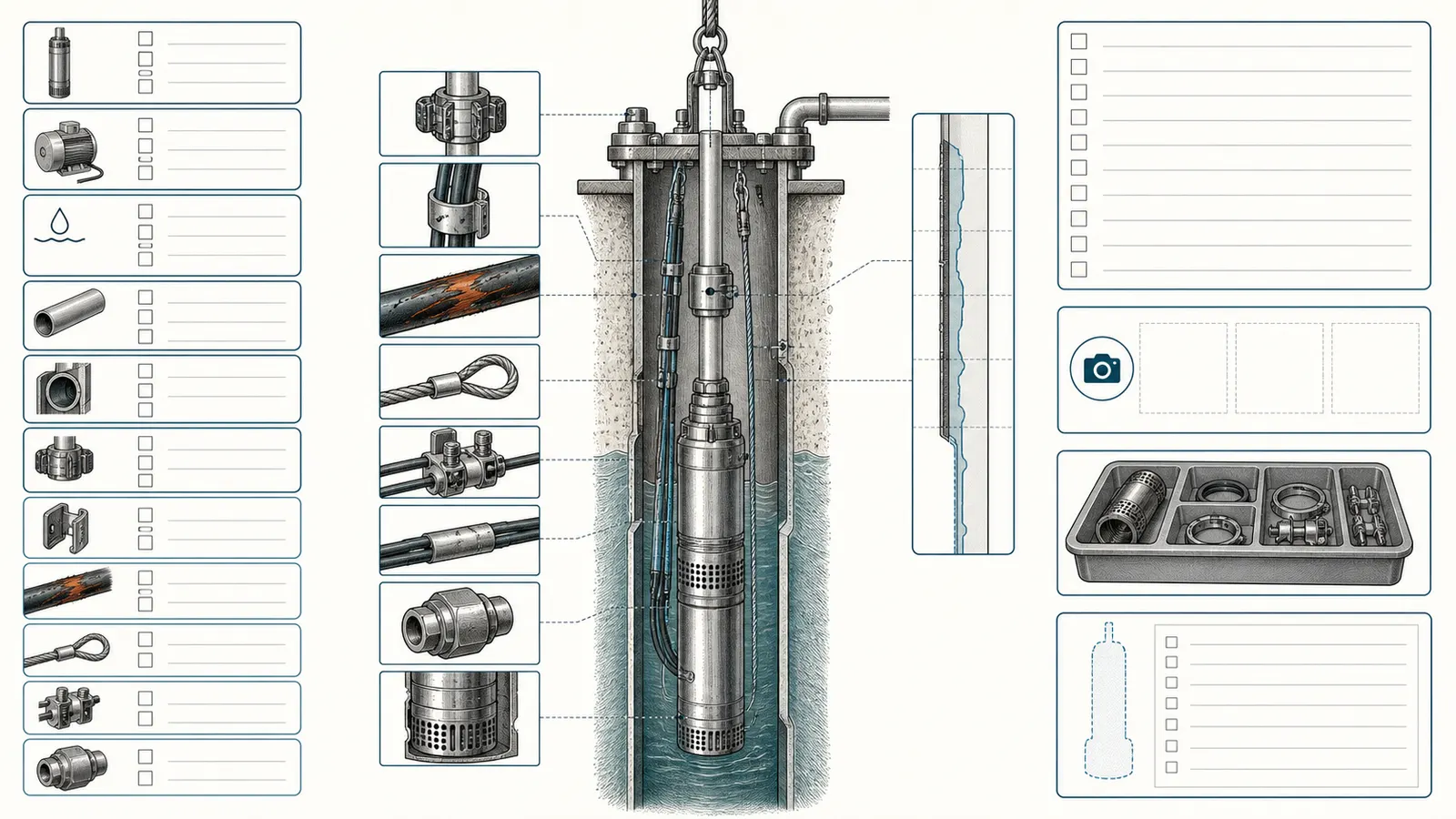 Pump-pull inspection checklist covering pipe, casing clearance, arrestor, cable protection, safety line, and installation record