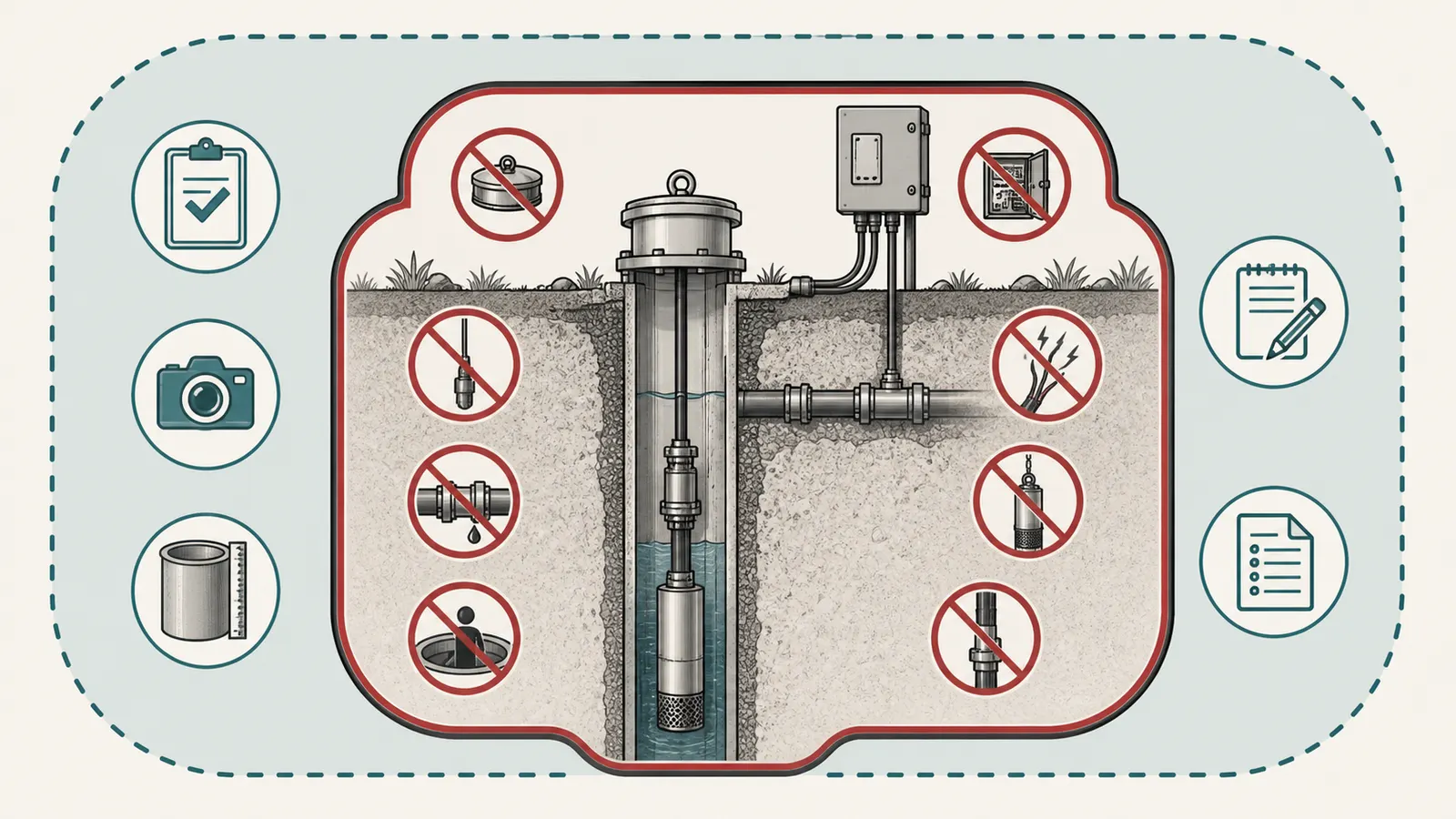 Safety boundary showing homeowner-safe record review outside the well and professional-only work inside the casing and energized controls