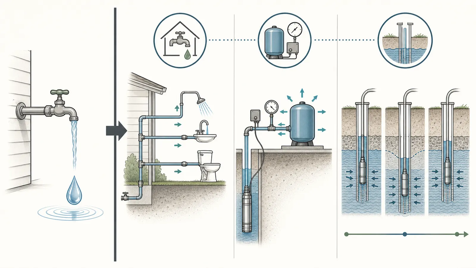 Cutaway of a drilled well showing casing, submersible pump, drop pipe, cable, torque arrestor, cable guards, and safety rope