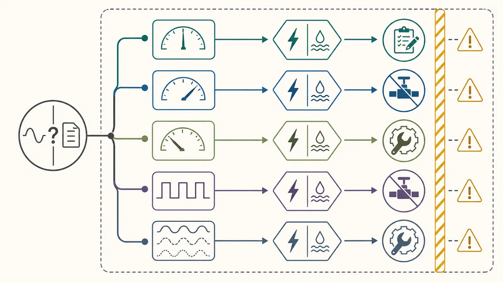 A decision map connecting current observations with voltage, pressure symptoms, and professional next actions.