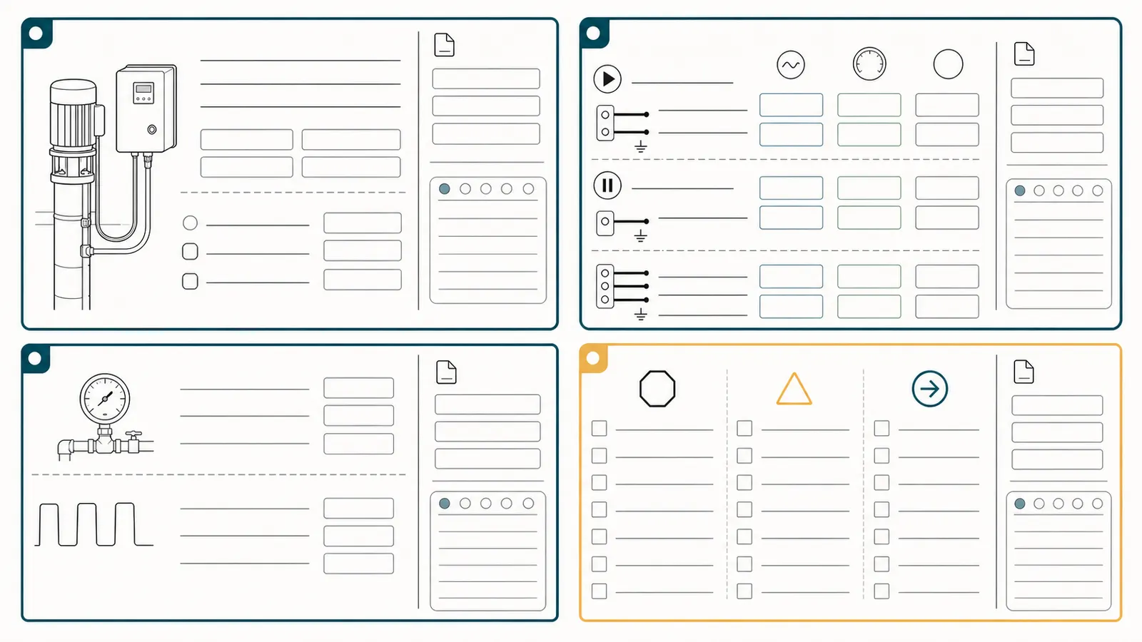 A printable service handoff sheet comparing equipment identity, measurements, symptoms, and unanswered questions.