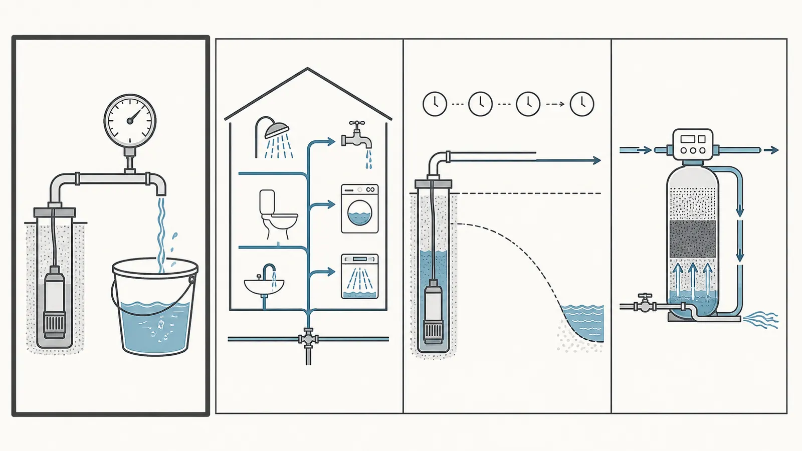 Four-column comparison separating pump-system output, household demand, well yield, and treatment flow requirements