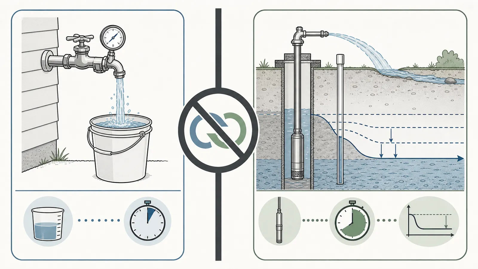 Short installed-output test compared with a longer well-yield and drawdown evaluation
