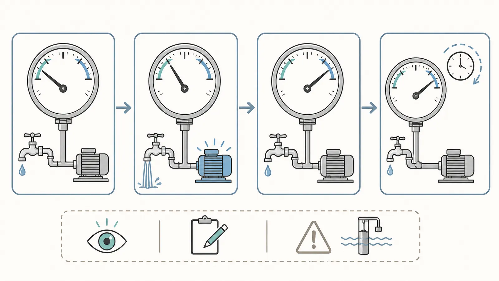 Sequence diagram for observing pressure cut-in, pump run time, cut-out, and stable shutoff.