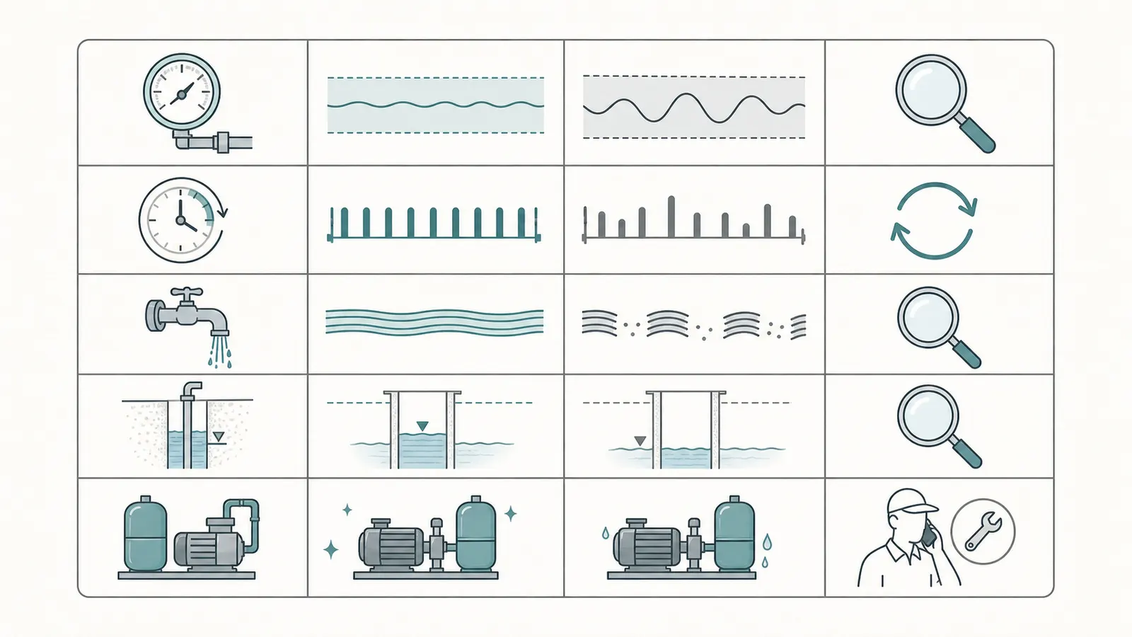 Comparison matrix pairing pressure, run time, flow, water level, and visual findings with cautious next actions.