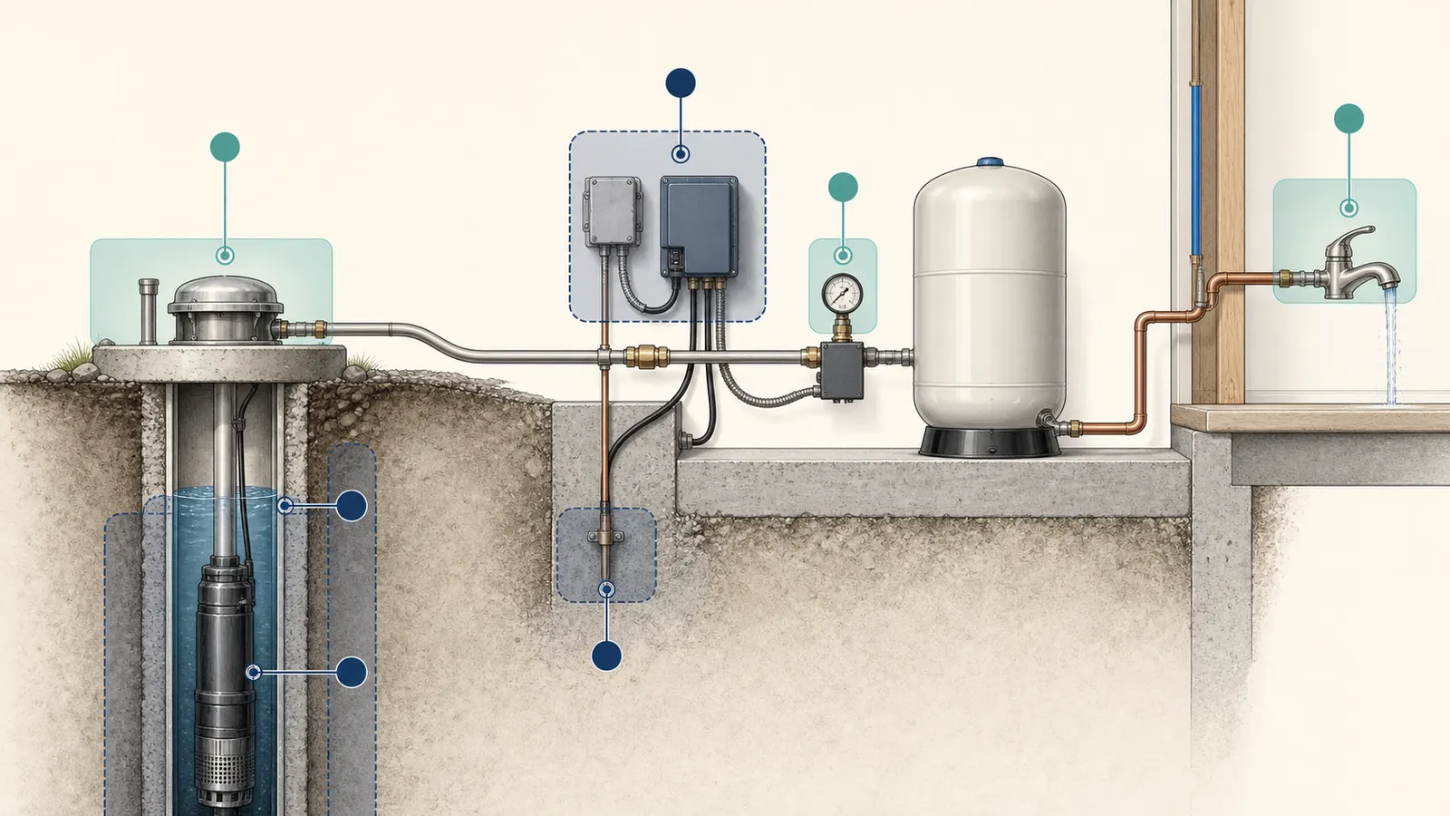 Cutaway of a private well system showing homeowner observation points and professional-only measurement zones.