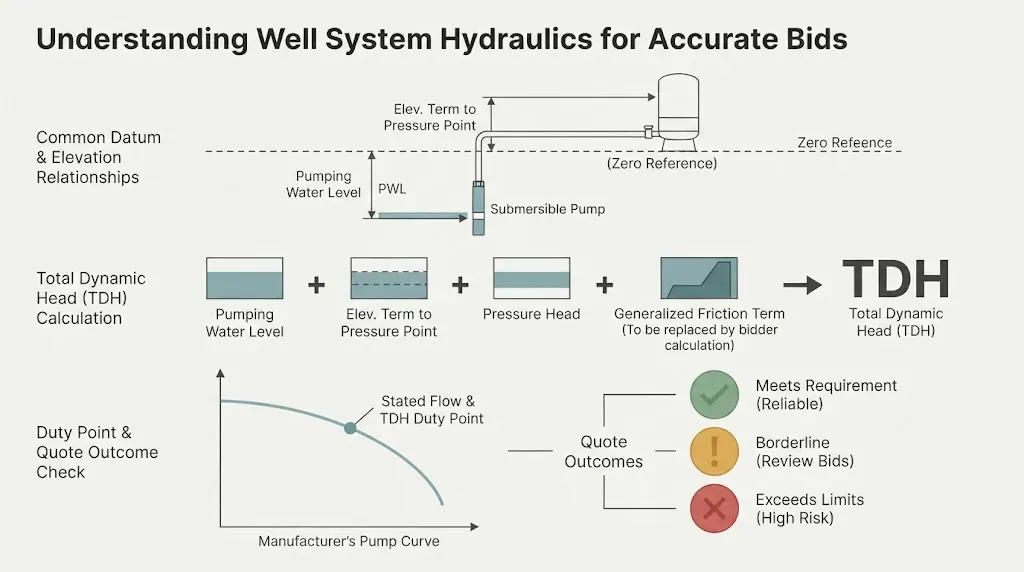 Decision map showing a well pump duty point moving from water level and pressure inputs to a curve and quote verdict