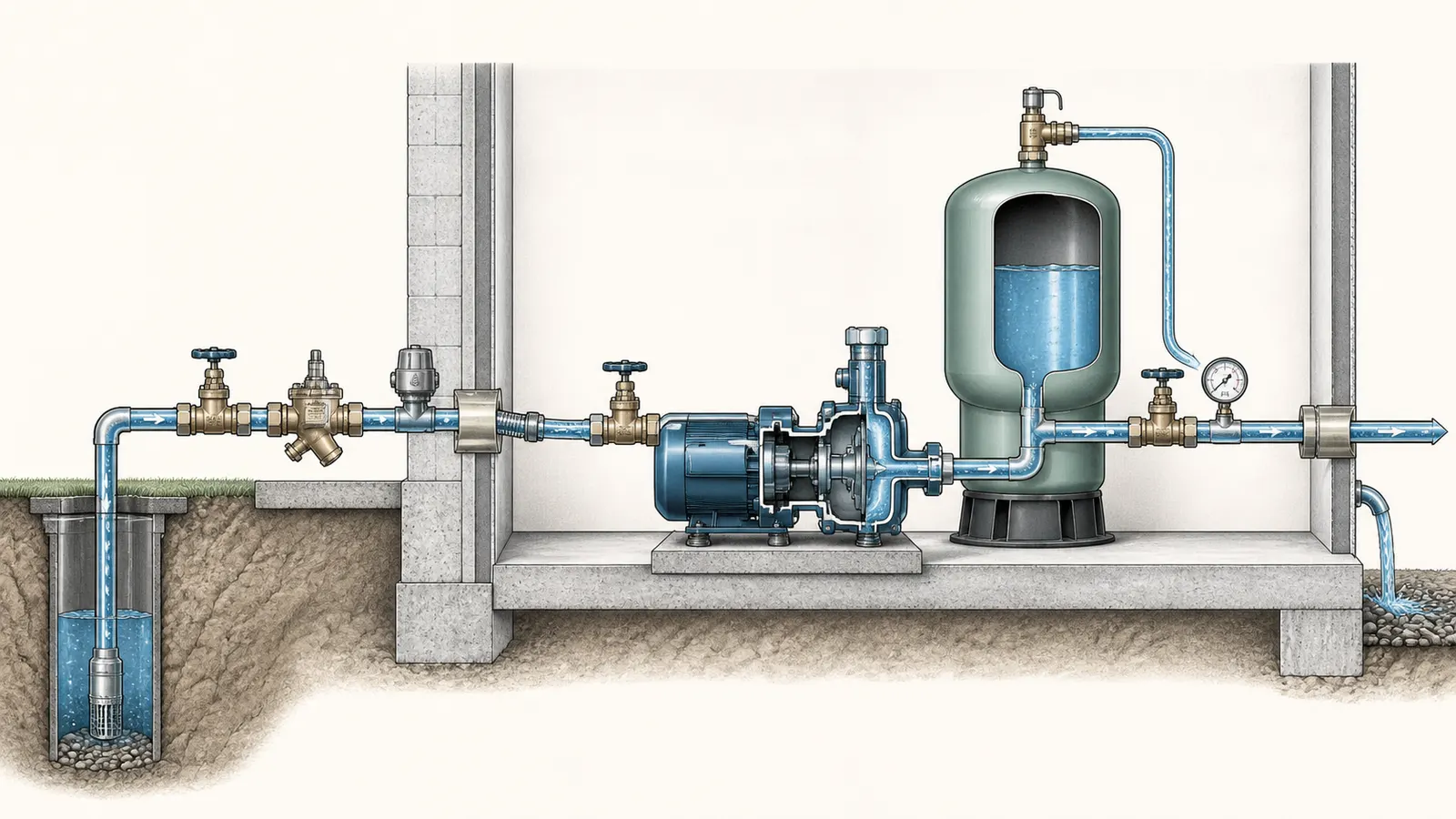 A cutaway of a booster and pressure-tank assembly showing inlet gauge, check or backflow protection, relief protection, and outlet pressure.
