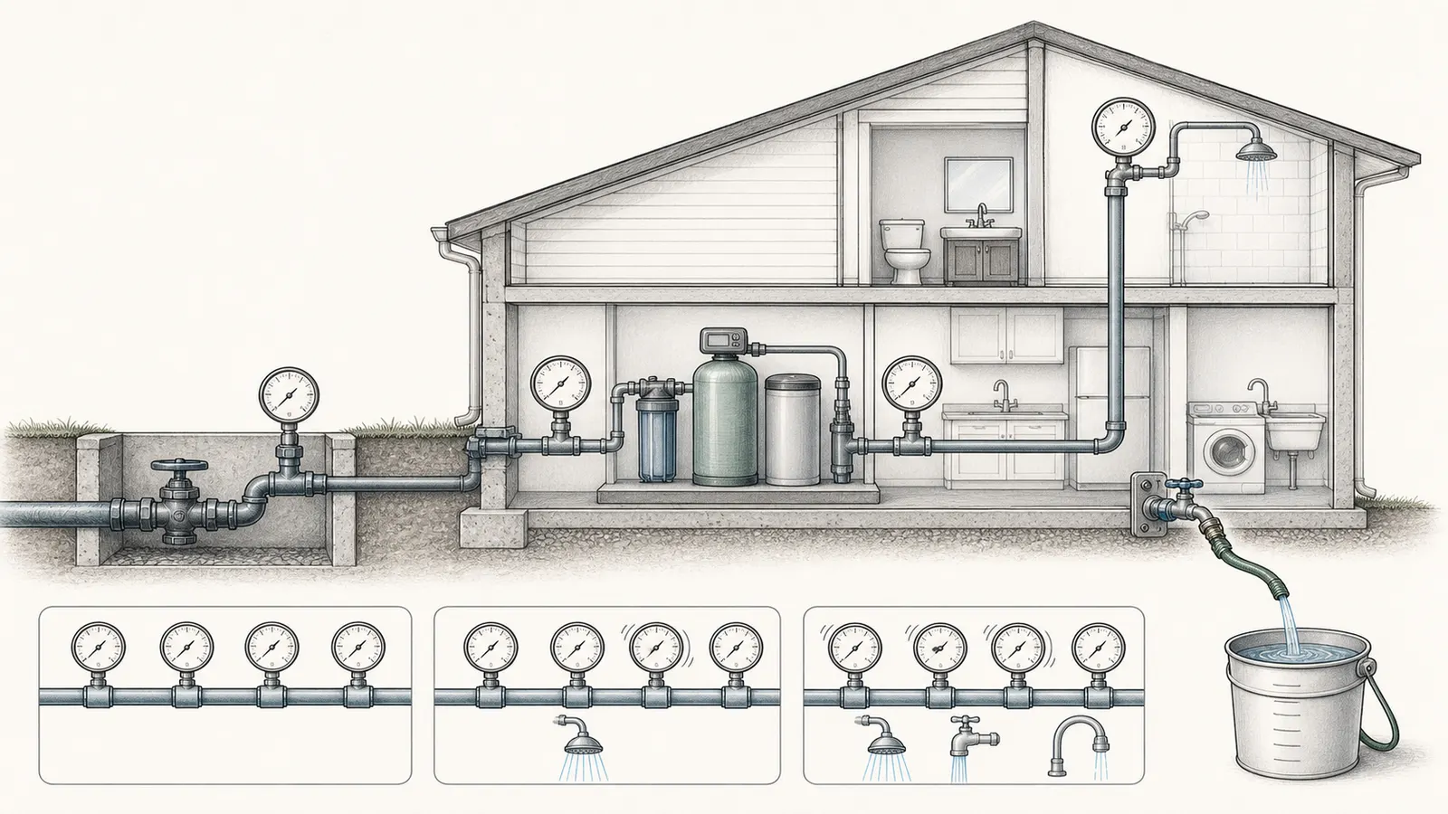 A four-point measurement setup comparing the shared connection, house entry, treatment outlet, and highest fixture.