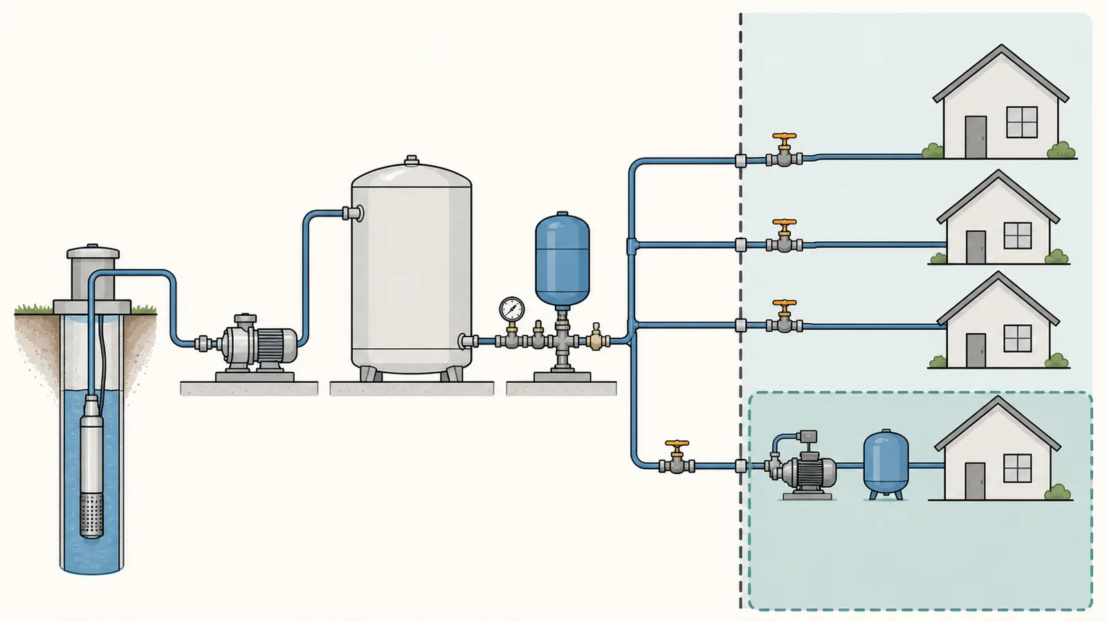 A shared well system showing the common equipment, each service-line boundary, and one homeowner-side booster zone.