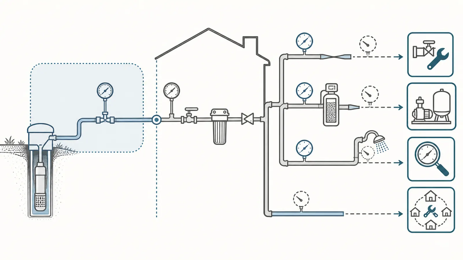 A branching map from shared-connection pressure and flow results to house-side or shared-system action.