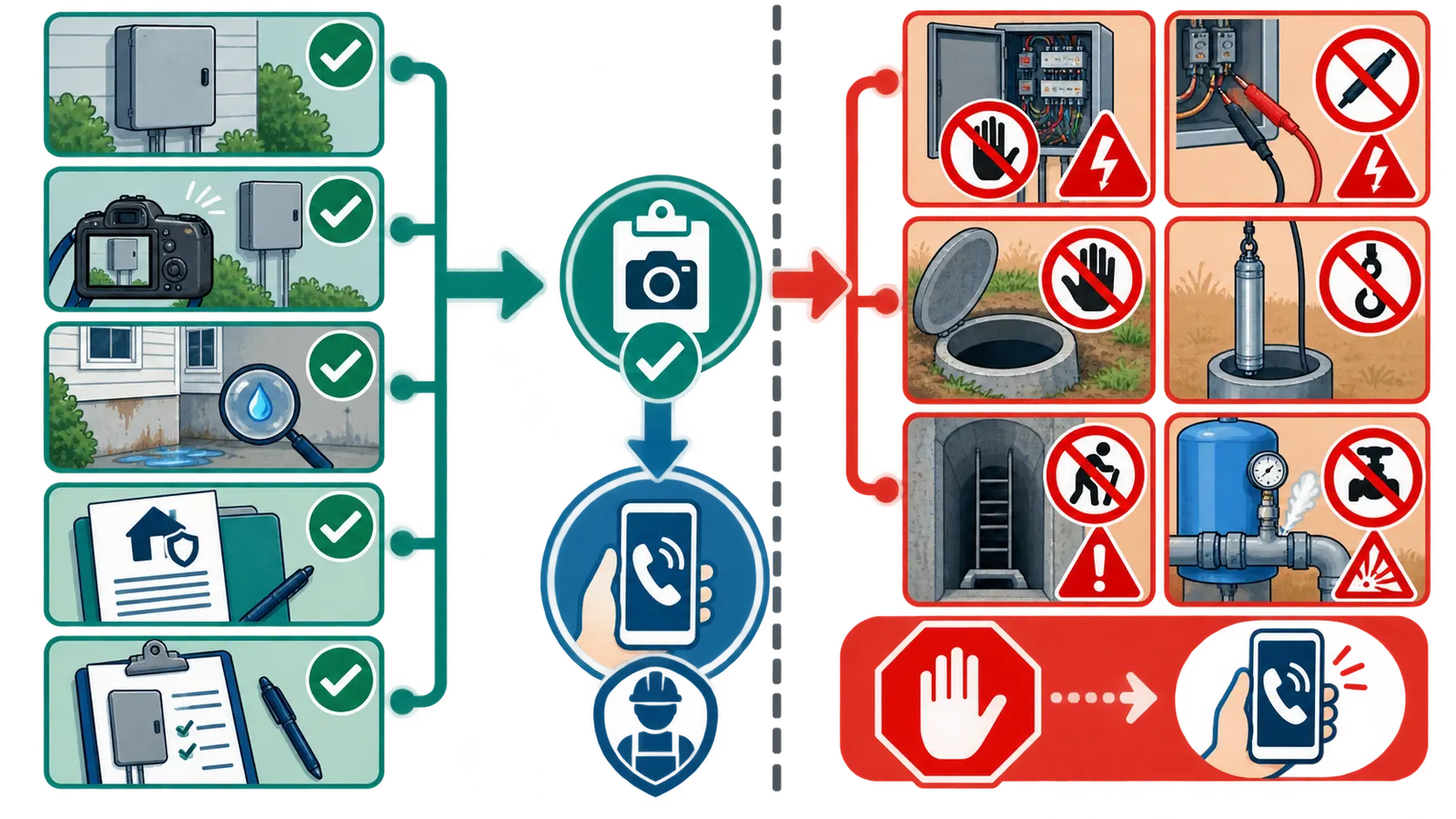 Safety map dividing homeowner observations from energized, pressurized, submerged, or confined-space work