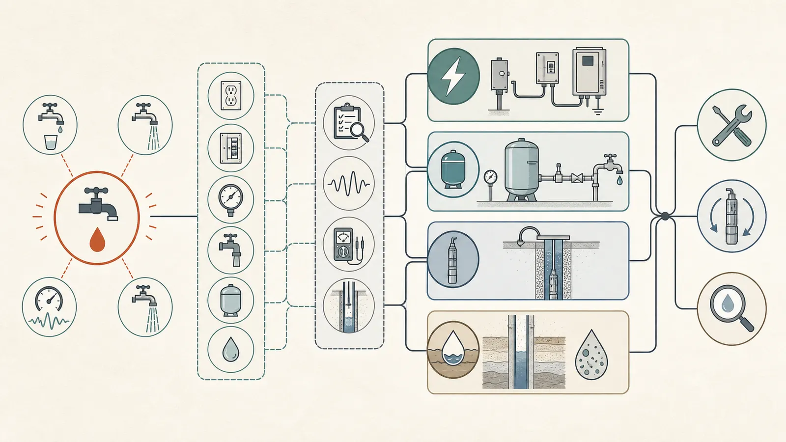 Decision map separating an external control or tank fault from a down-well pump or well-capacity fault