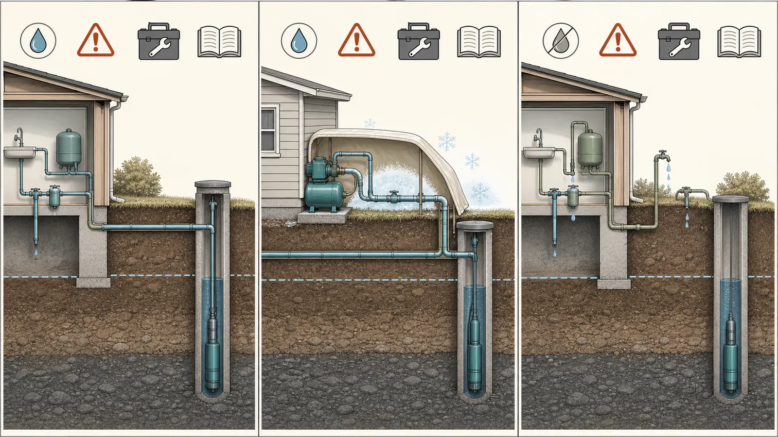 Comparison of a heated full system, a protected exposed system, and a fully drained winterized system