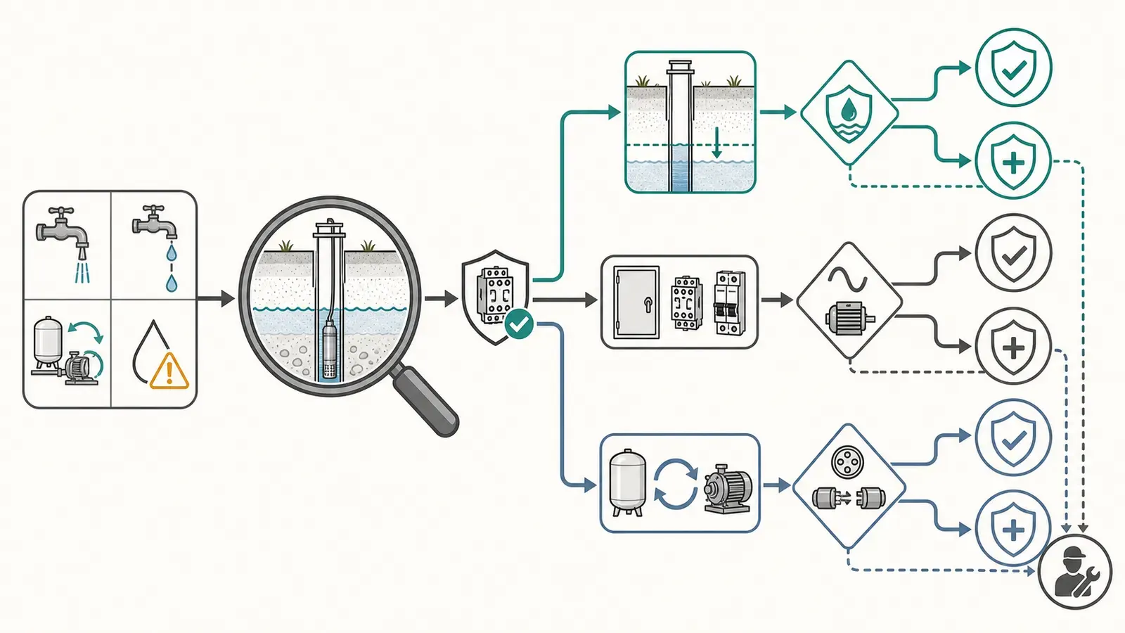 Decision map branching by trip length, freeze exposure, leak evidence, pump location, and treatment equipment