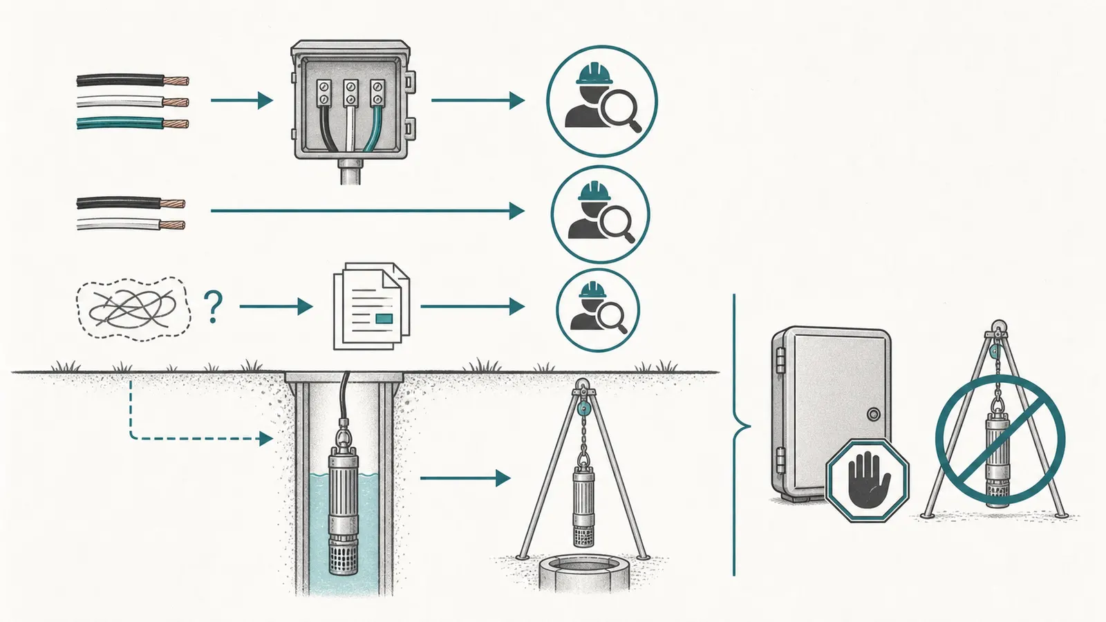 Decision branches from a verified 2-wire or 3-wire result to control-box repair, diagnosis, or pump pull
