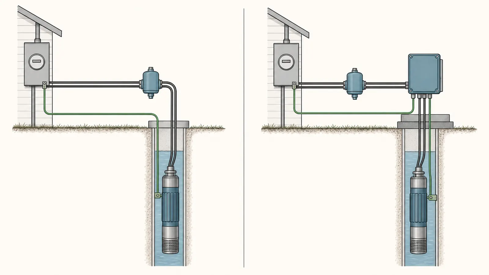 Side-by-side 2-wire and 3-wire submersible pump architectures with the ground conductor excluded from the name