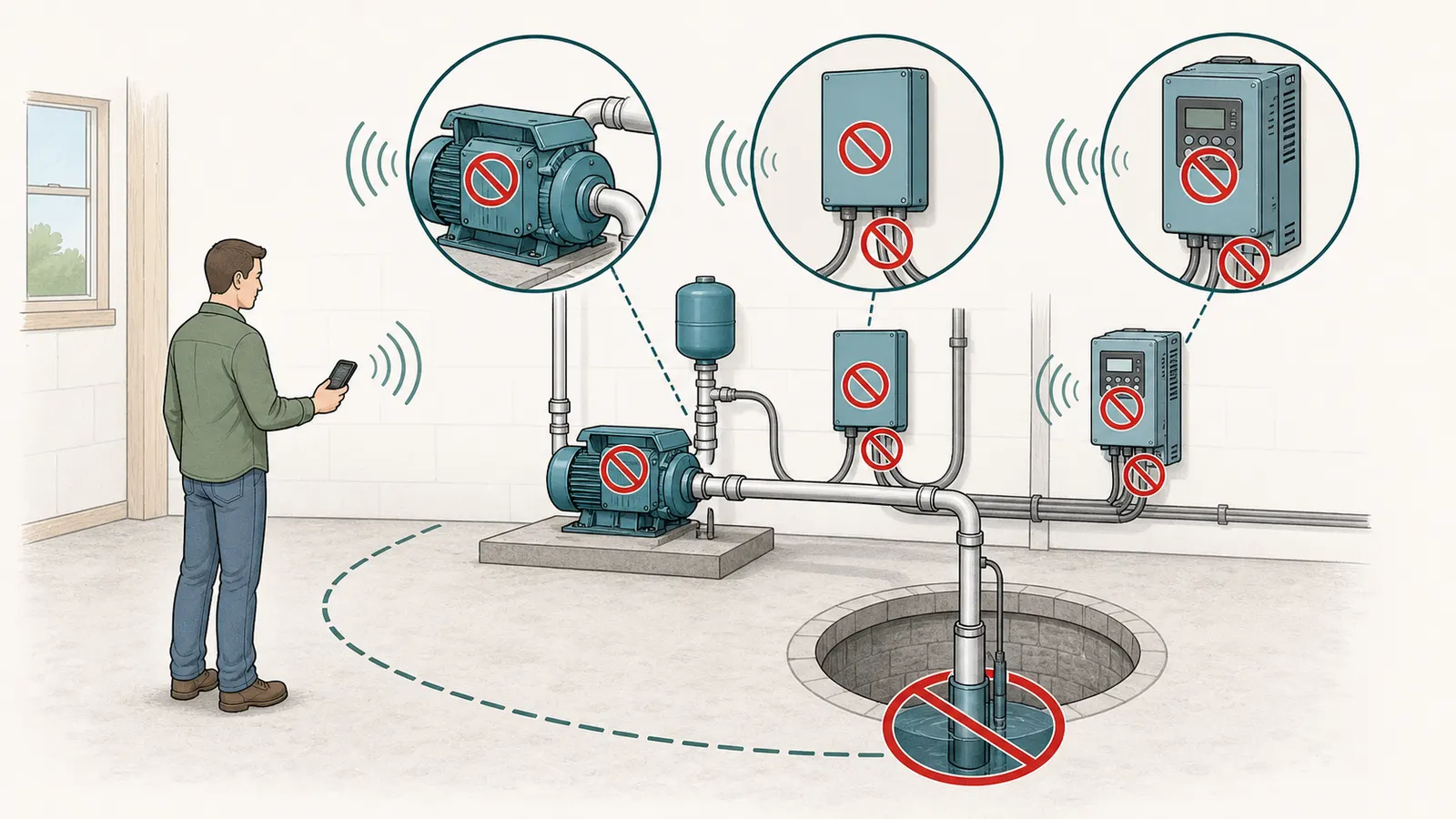 A safe observation map showing where a homeowner may hear a hum without touching the pump or controls.