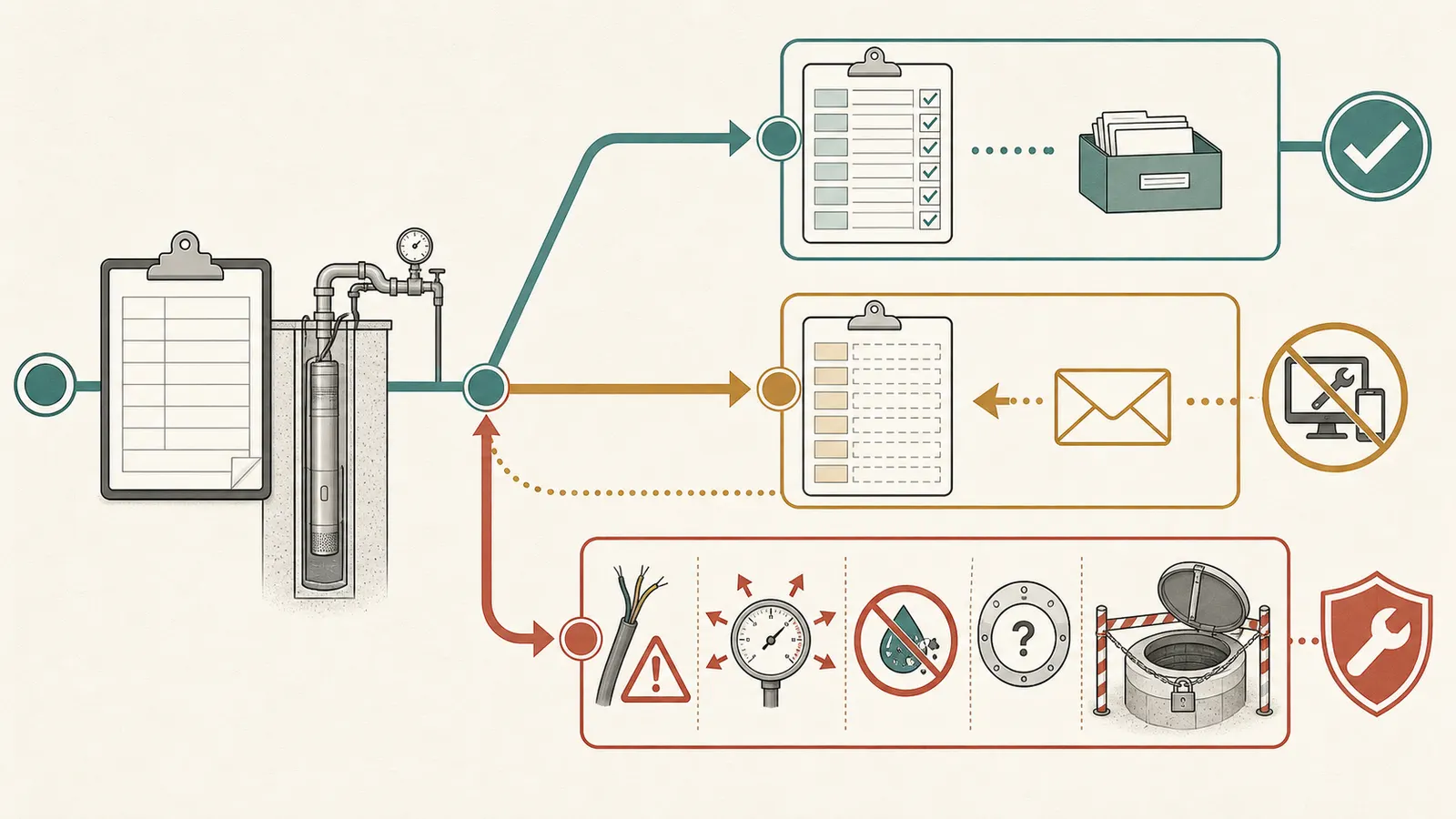 Accept-request-escalate decision map for reviewing a well-pump service record