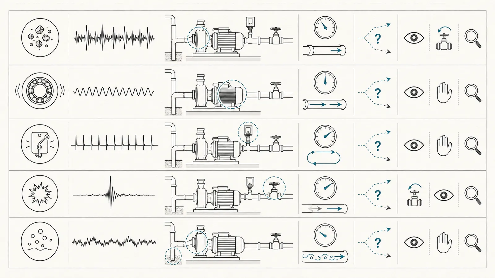 Comparison of cavitation crackle, bearing hum or growl, pressure-switch clicking, water hammer, and air-induced sputtering
