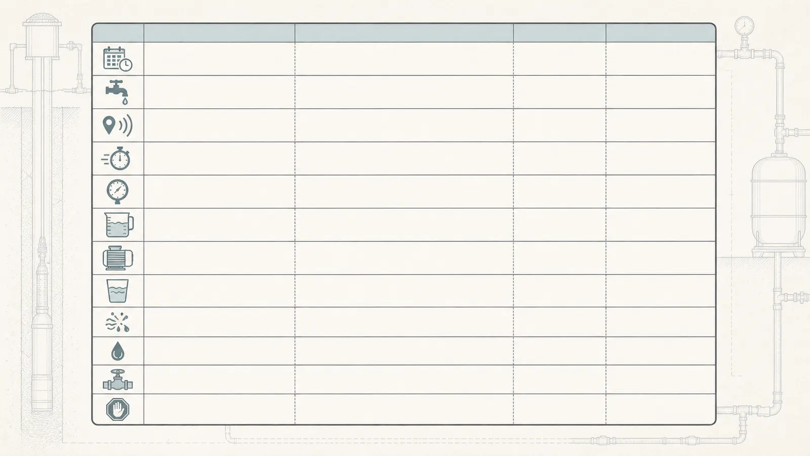 Reusable symptom log with fields for pressure, flow, demand, sound timing, water delivery, and visible conditions