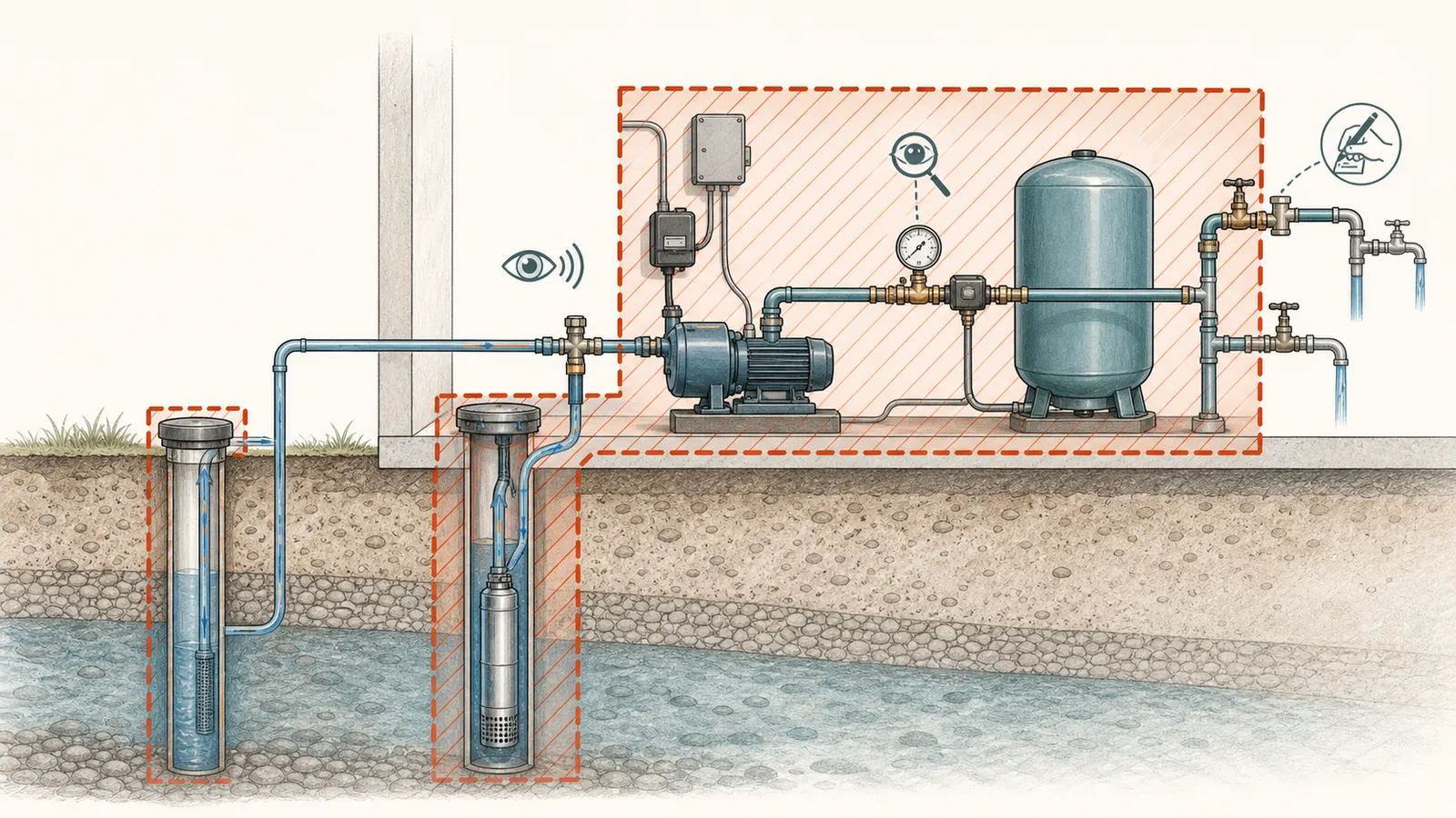 Private-well system cutaway marking homeowner-safe visible checks and prohibited pump, well, and electrical work