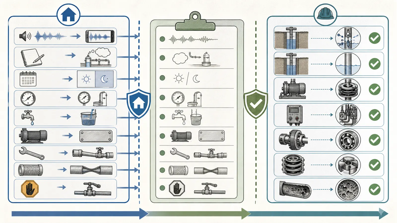 Service handoff flow from symptom log to qualified well professional with equipment and safety details