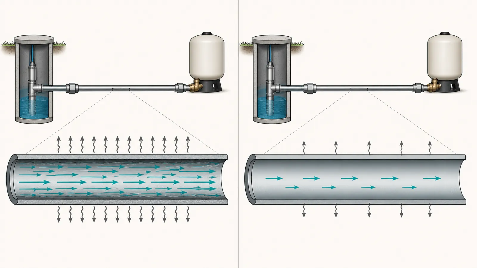 Comparison of smaller and larger pipe showing higher and lower friction loss