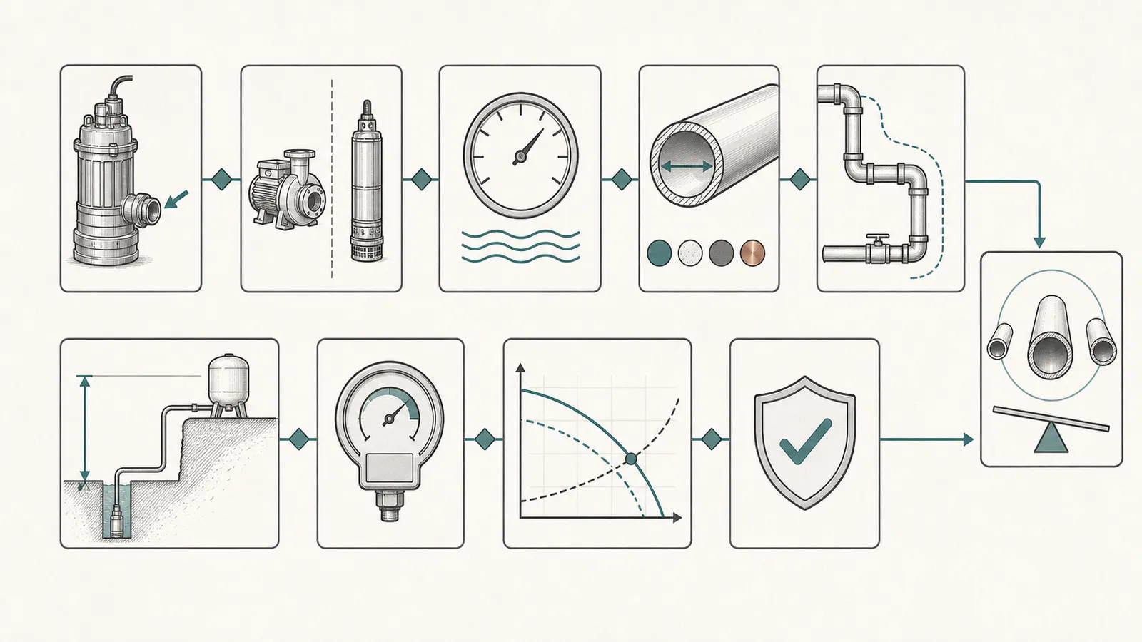 Decision map from pump model and port to flow, length, elevation, fittings, and local rule
